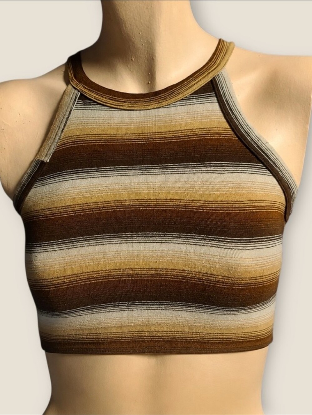 🖤 Vintage 90s Y2K HI-SUN USA Striped Halter Crop Top Earthy Fairy Grunge XS S
